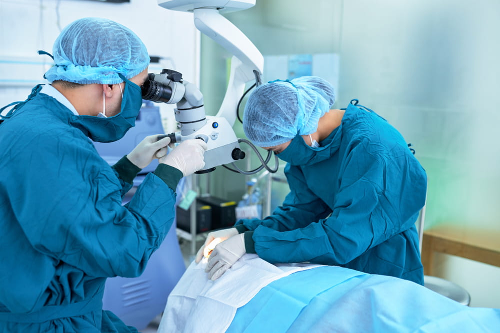 Surgeons in blue scrubs performing eye surgery with a microscope in an operating room.