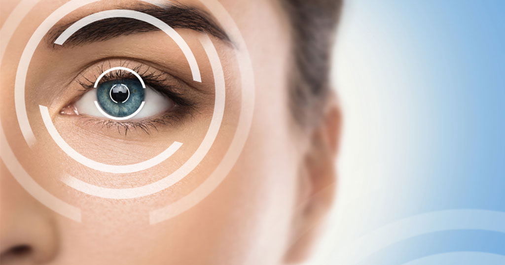 Close-up of a blue eye with digital target graphics overlaid, representing LASIK eye surgery or vision correction procedures.