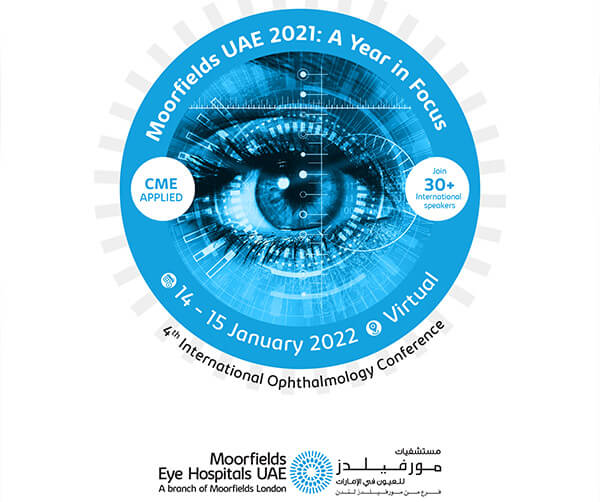 Moorfields UAE 2021 A Year in Focus event poster showing a blue digital eye graphic promoting the 4th International Ophthalmology Conference held virtually on 14–15 January 2022.