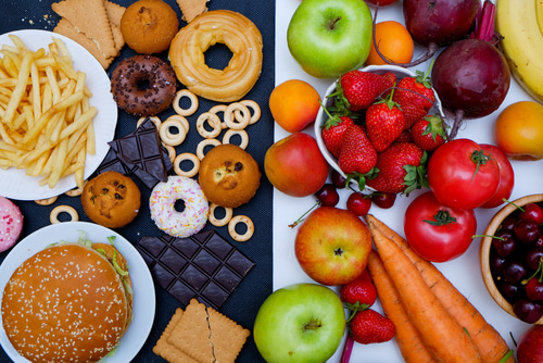 Visual comparison of processed foods and nutrient-rich produce, highlighting the role of diet in supporting eye health