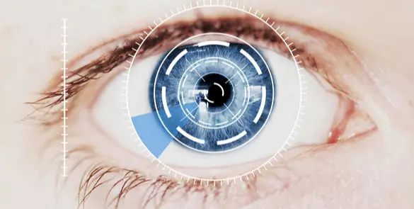 Close-up of an eye with digital graphics overlay, illustrating futuristic or technology-enhanced vision concepts